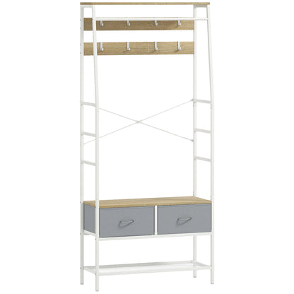 HOMCOM Coat Rack with Shoe Bench – Entryway Hall Tree with Storage Bench, 8 Hooks, 2 Fabric Drawers, Industrial Style Mesh Shelf for Hanging Clothes – Hallway, Bedroom, Living Room 80x30x180.5 cm Natural
