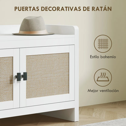 HOMCOM Bohemian Schuhbank mit Rattan-Fronttüren, Abnehmbares Regal für 8 Paar Schuhe für Flur und Schlafzimmer 80x35x52 cm Weiß