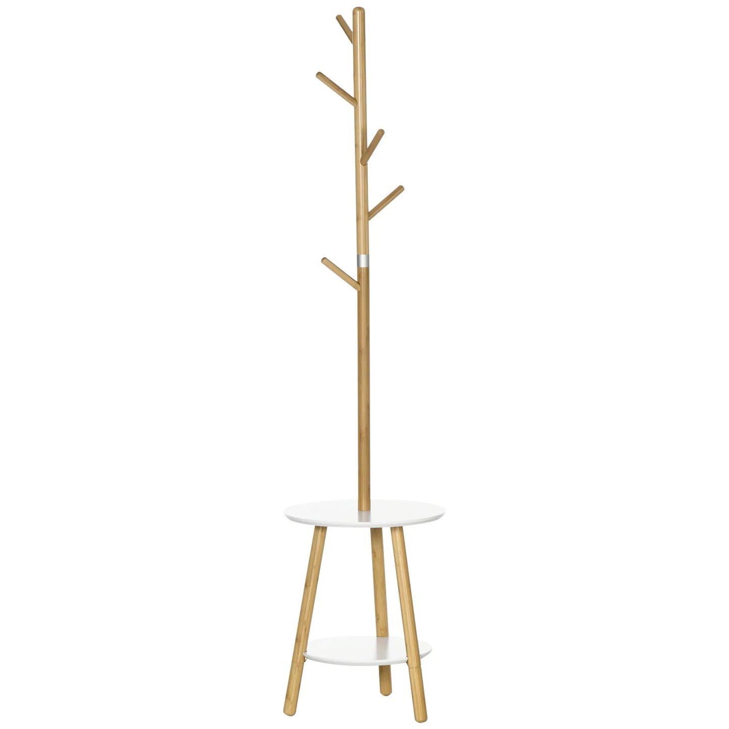 HOMCOM 2-in-1 Bambus-Kleiderständer mit 2 Ablagen und 5 Haken für Kleidung und Taschen, Aluminiumrahmen für Eingangsbereich und Schlafzimmer, 39,5x39,5x171 cm Natur