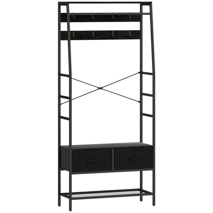 HOMCOM Garderobenständer, Kleiderstange mit Schuhregal, 2 Stoffschubladen, Garderobe mit 8 Haken, Regal, Garderobenständer mit Kippschutz, für Eingangsbereich, Flur, Schlafzimmer, Schwarz
