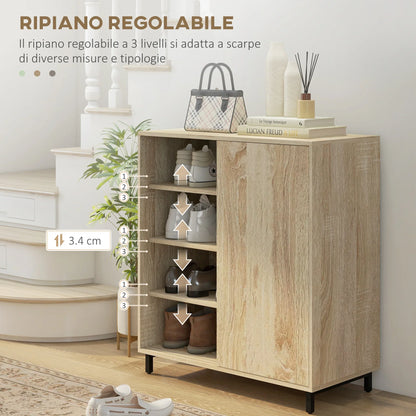 HOMCOM 4-stöckiger Schuhregal für den Eingangsbereich, Spanplatte und Stahl, Schuhaufbewahrung mit Schiebetür, Schuhlift mit Regalen für bis zu 12 Paar Schuhe, 80x40x93 cm, Holzfarbe