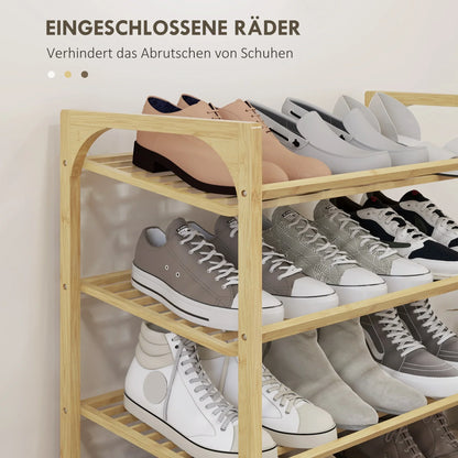 HOMCOM Schuhregal, Schuhständer mit 4 Ebenen aus Bambus, für max. 12 Paar Schuhe, Schuhregal mit Griff für Flur, Schlafzimmer, 76 x 33 x 67 cm, Natur