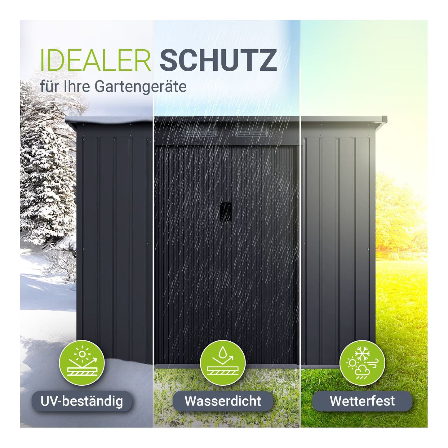 Juskys Gerätehaus Metall – Dunkelgrau, wetterfest mit Fundamentrahmen, Schiebetür & abschließbar - für Garten & Aufbewahrung