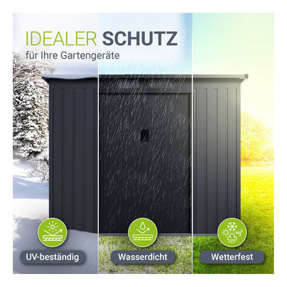 Juskys Gerätehaus Metall – Dunkelgrau, wetterfest mit Fundamentrahmen, Schiebetür & abschließbar - für Garten & Aufbewahrung