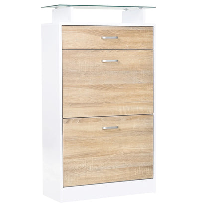 HOMCOM Schuhschrank mit 3 Schubladen, Glasablage und Aluminiumgriff für Flur, 50 kg Belastbarkeit, 60x24x105,5 cm - Natur