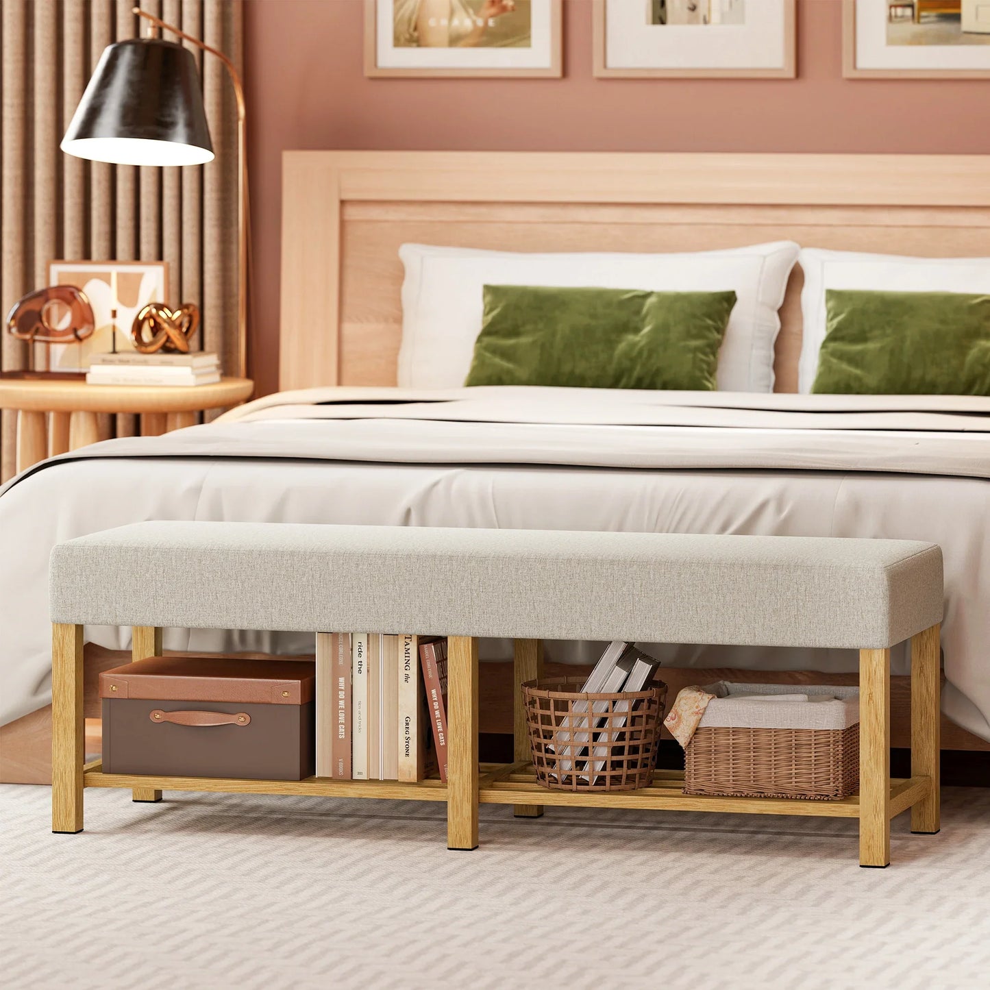 HOMCOM Schuhbank — Moderner Flurbank mit gepolstertem Sitz für 2 Personen, offene Schuhablage, Kautschukbaumholz, für Flur, Diele, Wohnzimmer, 140 x 44 x 48 cm, Creme & Naturholz
