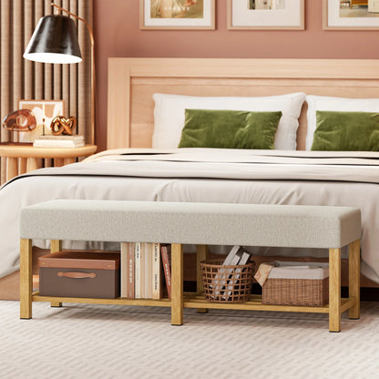 HOMCOM Schuhbank — Moderner Flurbank mit gepolstertem Sitz für 2 Personen, offene Schuhablage, Kautschukbaumholz, für Flur, Diele, Wohnzimmer, 140 x 44 x 48 cm, Creme & Naturholz