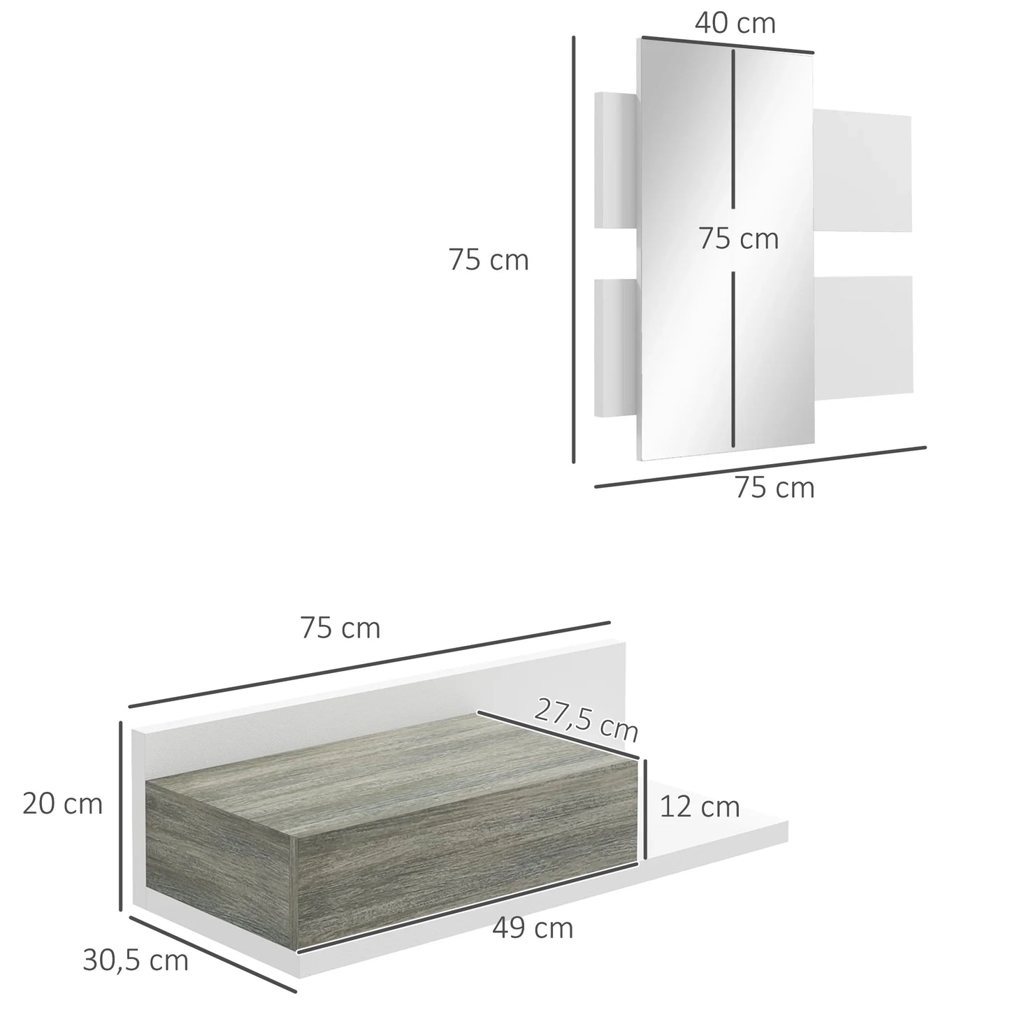 HOMCOM Flurmöbel-Set mit Spiegel und Konsole, Wandmontage, Modern, 75x3,5x75 cm und 75x30,5x20 cm, Grau und Weiß