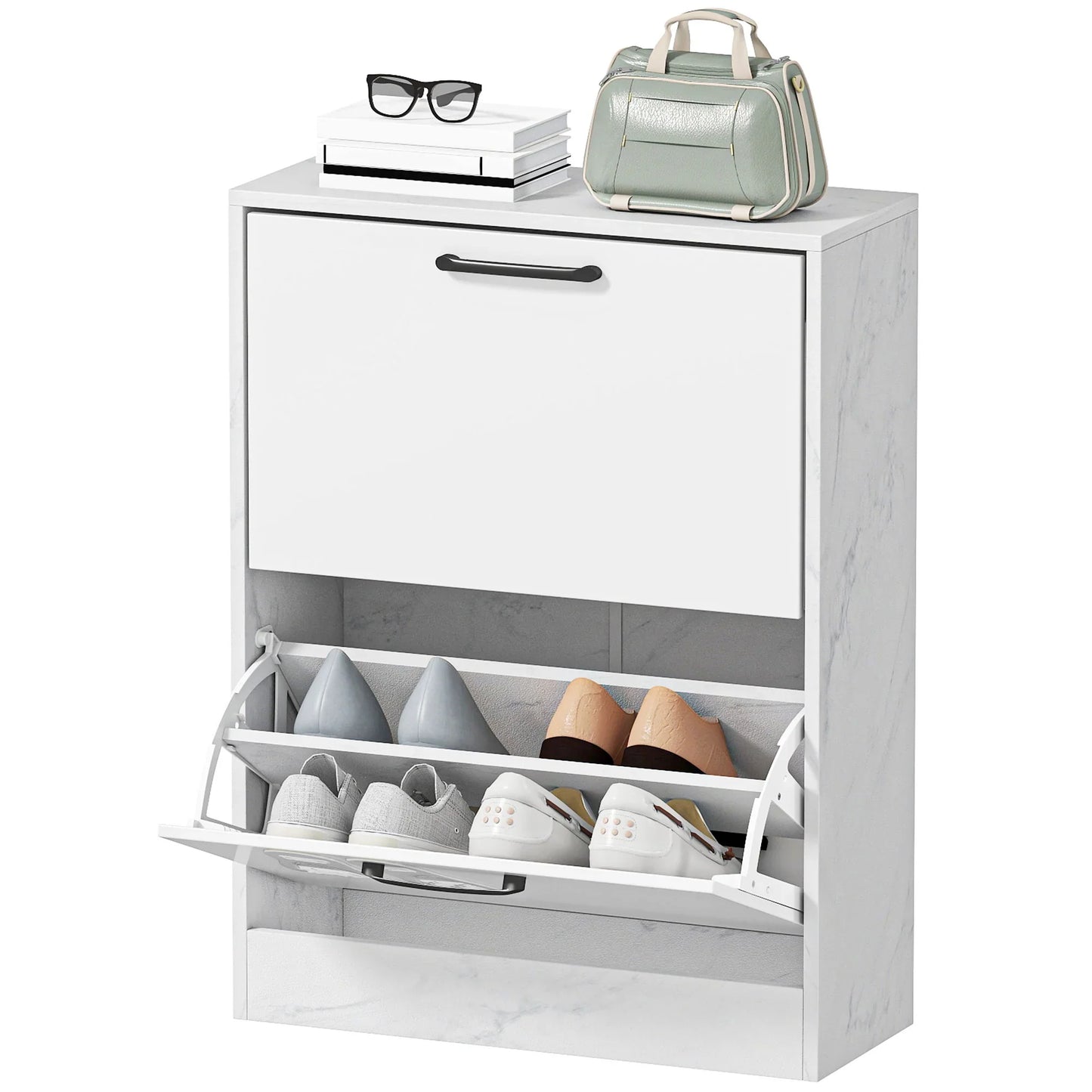 HOMCOM Schmaler Schuhschrank mit 2 Hochglanz-Klapptüren, verstellbaren Einlegeböden, Marmor-Design, für bis zu 8 Paar – Weiß (60 x 24 x 80 cm)