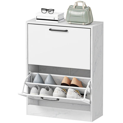 HOMCOM Schmaler Schuhschrank mit 2 Hochglanz-Klapptüren, verstellbaren Einlegeböden, Marmor-Design, für bis zu 8 Paar – Weiß (60 x 24 x 80 cm)