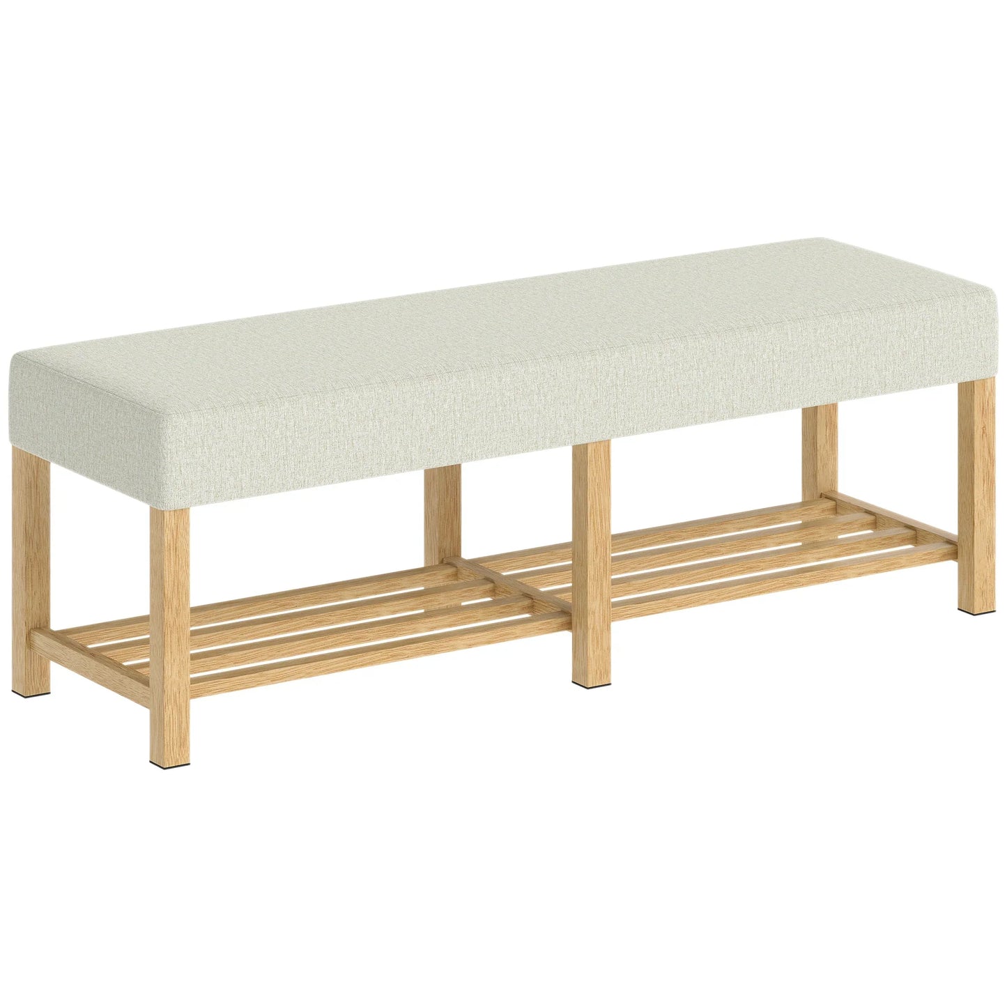 HOMCOM Schuhbank — Moderner Flurbank mit gepolstertem Sitz für 2 Personen, offene Schuhablage, Kautschukbaumholz, für Flur, Diele, Wohnzimmer, 140 x 44 x 48 cm, Creme & Naturholz