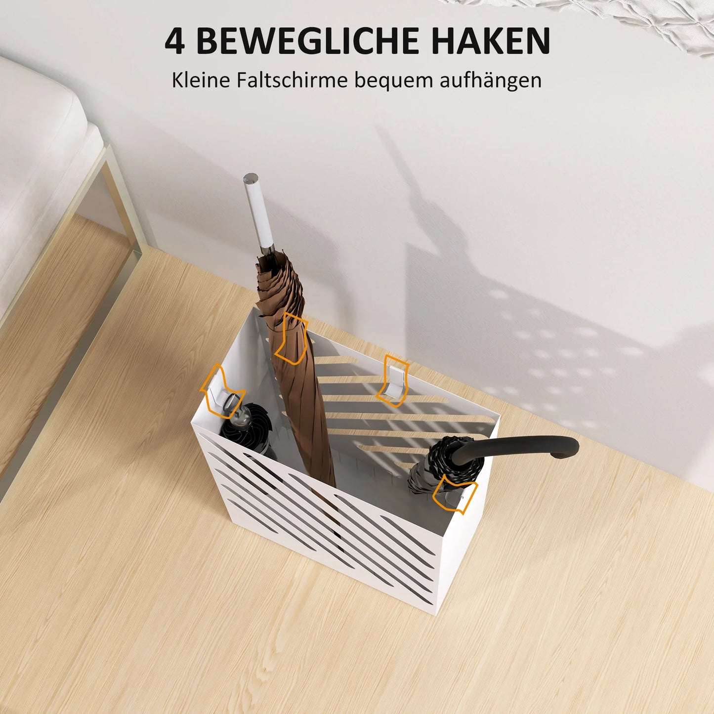 HOMCOM Regenschirmständer mit 4 Haken und herausnehmbarer Tropfschale - Regenschirmhalter für Gehstöcke & Regenschirme, Stahl 28 x 14 x 41 cm Weiß