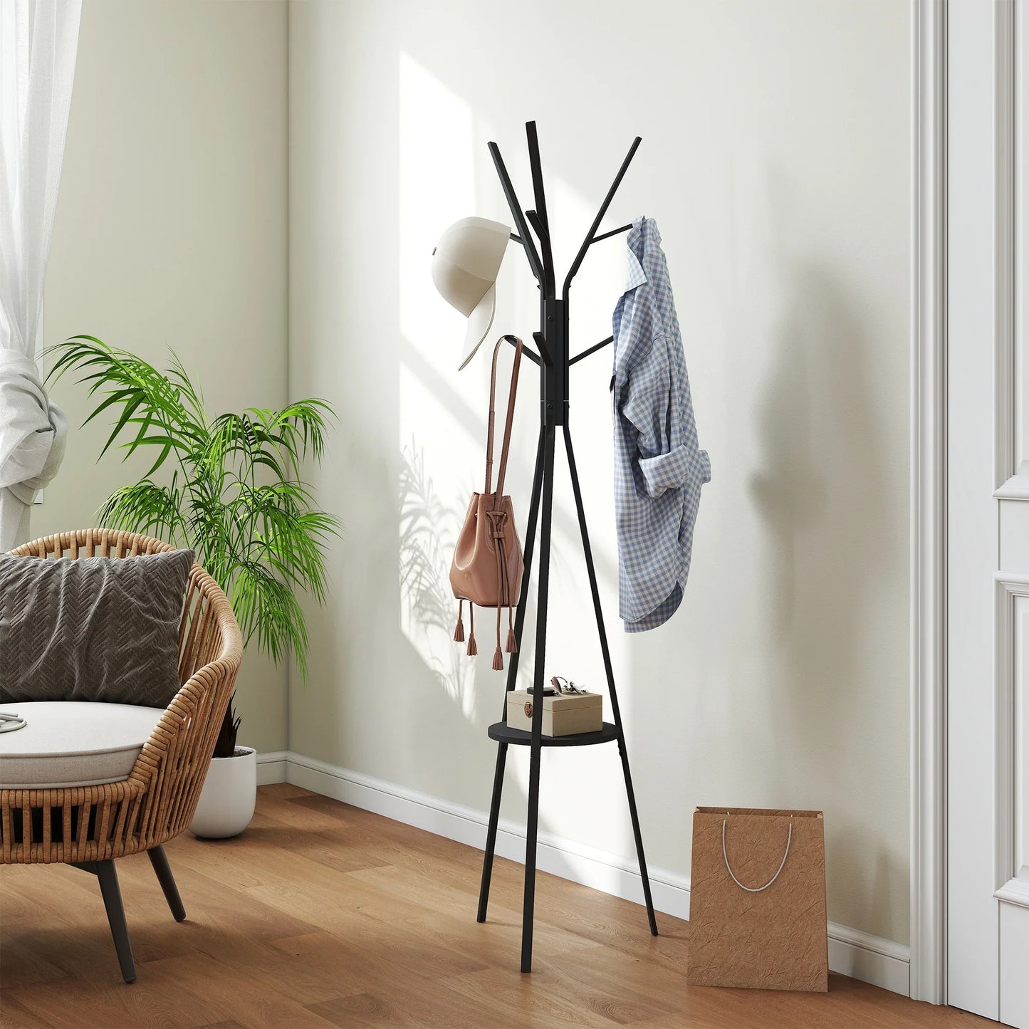 HOMCOM Kleiderständer in Baumform Metall mit 9 Haken und Regal Vintage Garderobe für Schlafzimmer und Wohnzimmer 45x45x180 cm Schwarz