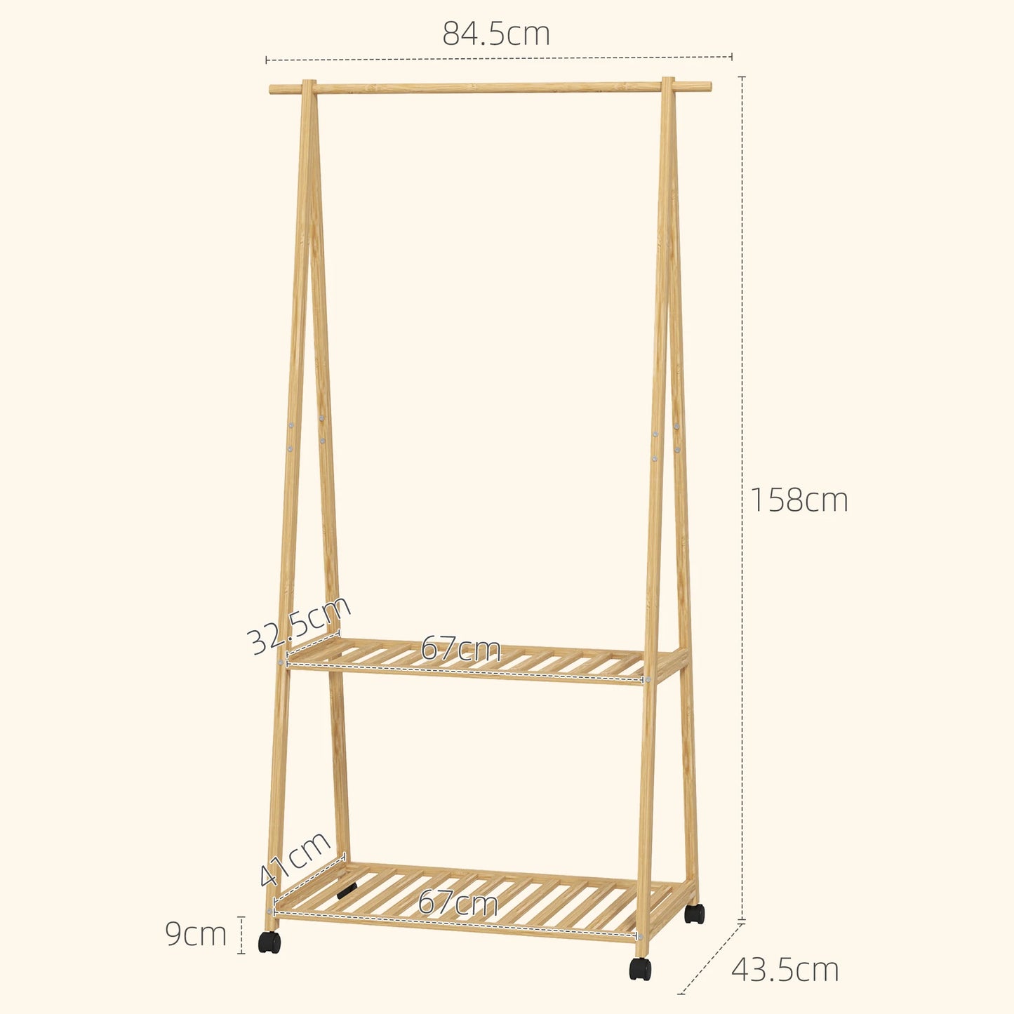 HOMCOM Bambus Kleiderständer mit Rollen, 2 offenen Regalen und 2 Haken, Garderobenständer für Eingangsbereich, Flur, Schlafzimmer 84,5x43,5x158 cm Natur