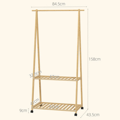 HOMCOM Bambus Kleiderständer mit Rollen, 2 offenen Regalen und 2 Haken, Garderobenständer für Eingangsbereich, Flur, Schlafzimmer 84,5x43,5x158 cm Natur