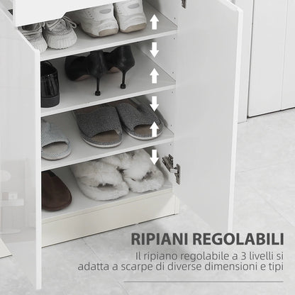 HOMCOM Slim Schuhschrank für bis zu 12 Paare Schuhe für Eingänge und Flure mit 3 verstellbaren Regalen und Schublade aus glänzendem Spanplattenwerkstoff, 60x32x100 cm