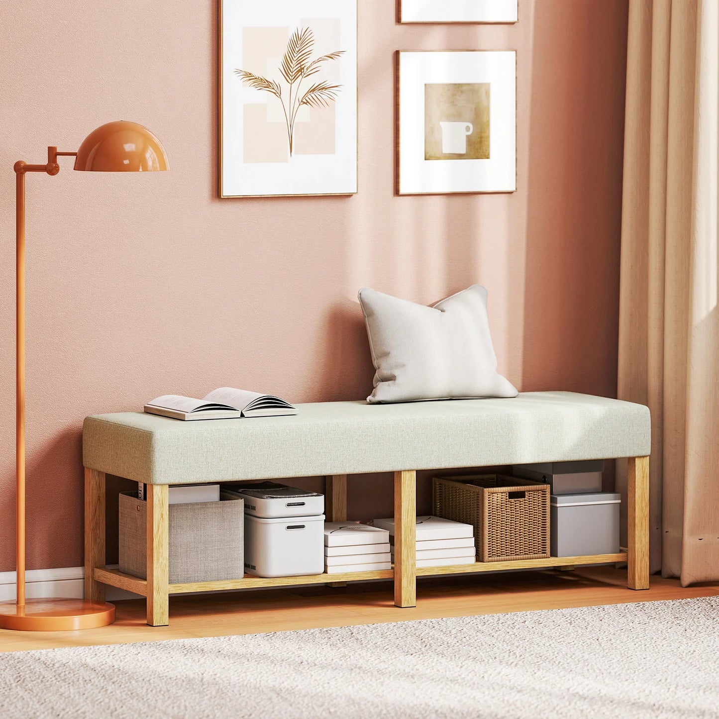 HOMCOM Schuhbank — Moderner Flurbank mit gepolstertem Sitz für 2 Personen, offene Schuhablage, Kautschukbaumholz, für Flur, Diele, Wohnzimmer, 140 x 44 x 48 cm, Creme & Naturholz