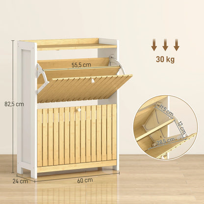 HOMCOM Slim Shoe Cabinet with 2 Bamboo Doors and Adjustable Shelves for 12 Pairs of Shoes 60x24x82.5 cm White and Natural