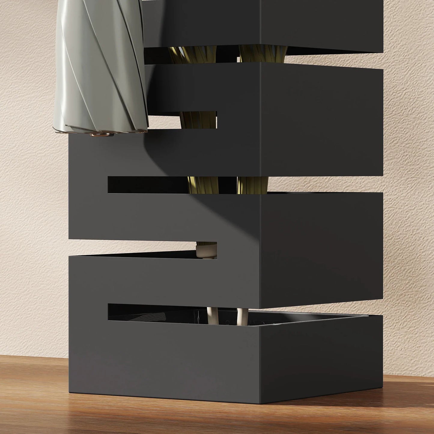 HOMCOM Metal Umbrella Stand, Square, with Removable Drip Tray & 4 Hooks, for Hallway, 15.5 x 15.5 x 49 cm, Black