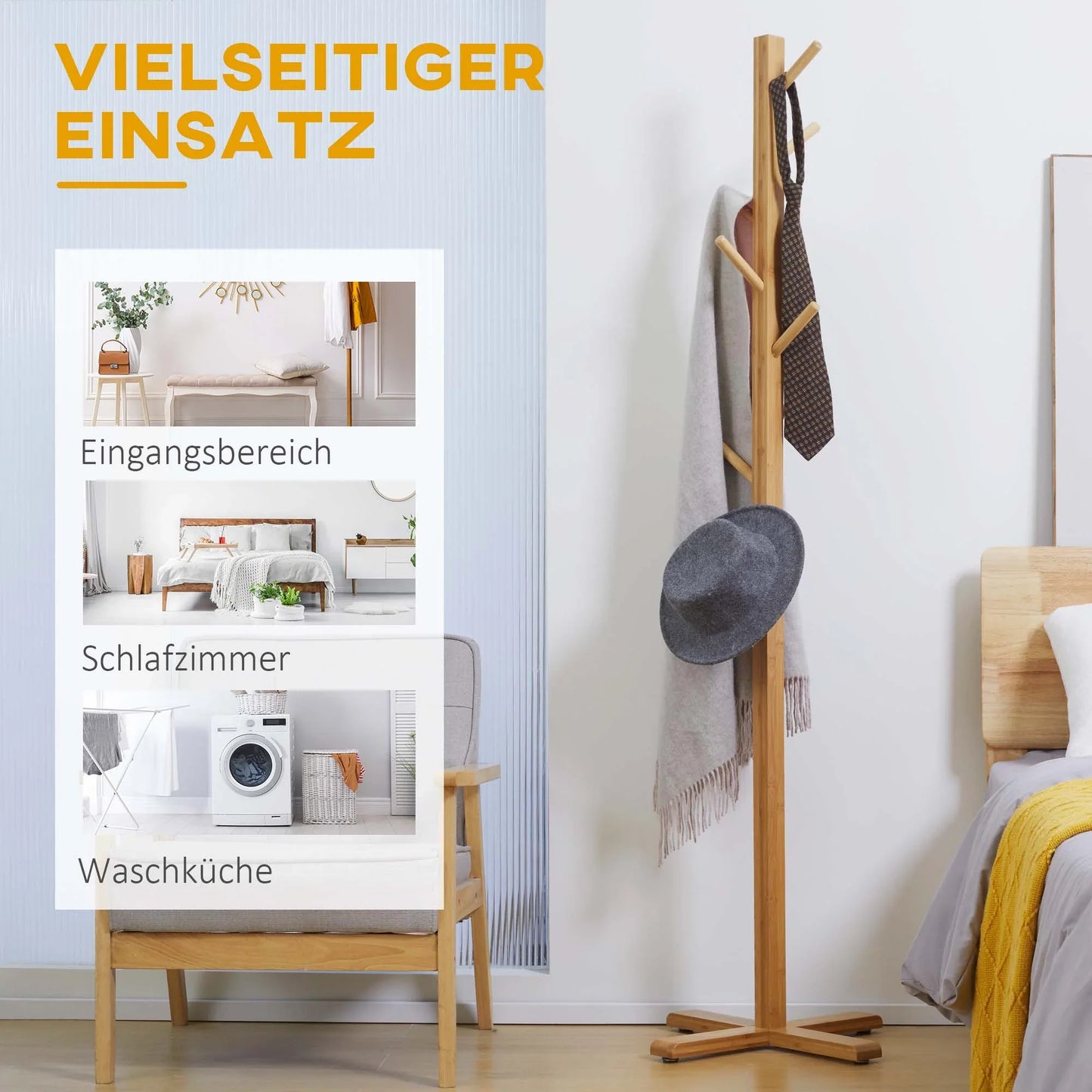 HOMCOM Kleiderständer mit 8 Haken, Bambus Kleiderständer für Schlafzimmer, Ausstellungen, Waschraum, Naturholz