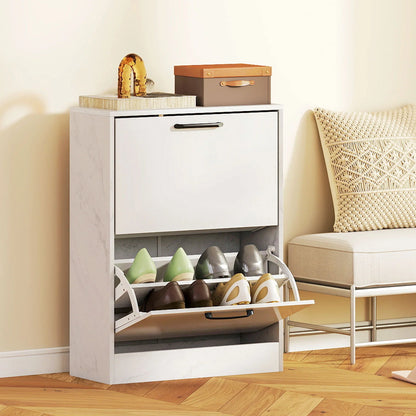 HOMCOM Schmaler Schuhschrank mit 2 Hochglanz-Klapptüren, verstellbaren Einlegeböden, Marmor-Design, für bis zu 8 Paar – Weiß (60 x 24 x 80 cm)