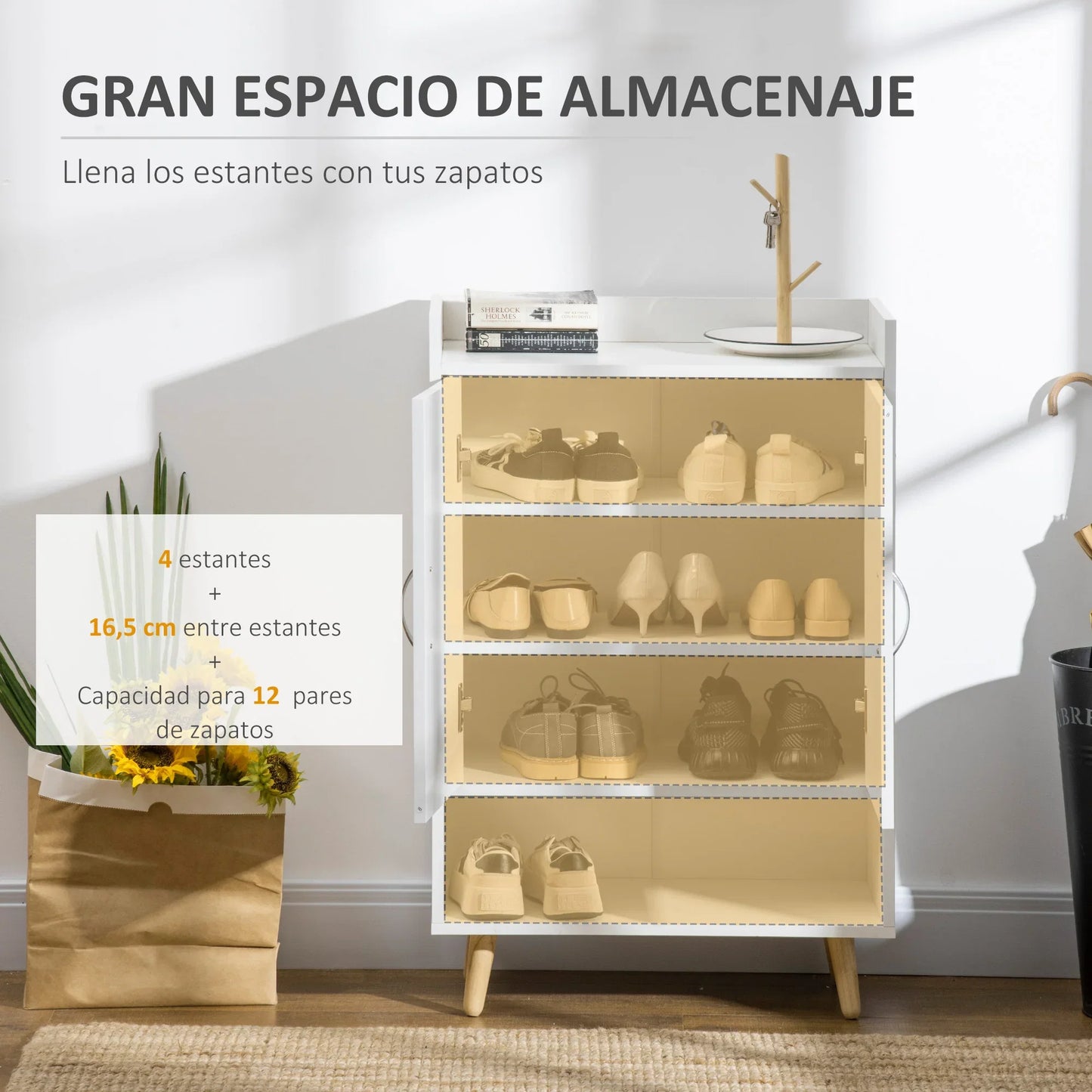 HOMCOM Modernes Schuhregal mit 2 Türen und 4 Ablagen für 12 Paar Schuhe, Ideal für Eingangsbereich, Wohnzimmer, Schlafzimmer 60x30x92 cm Weiß