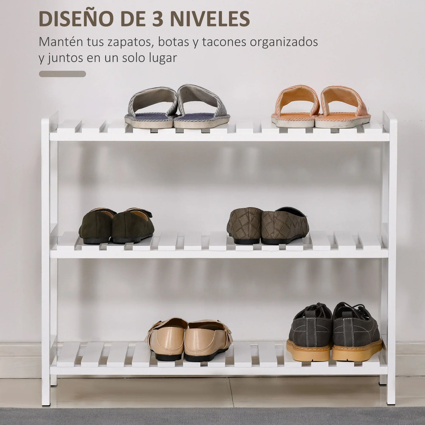 HOMCOM Wooden Shoe Rack 3-tier for up to 9 pairs of shoes in the entrance area 70x26x57.5 cm White