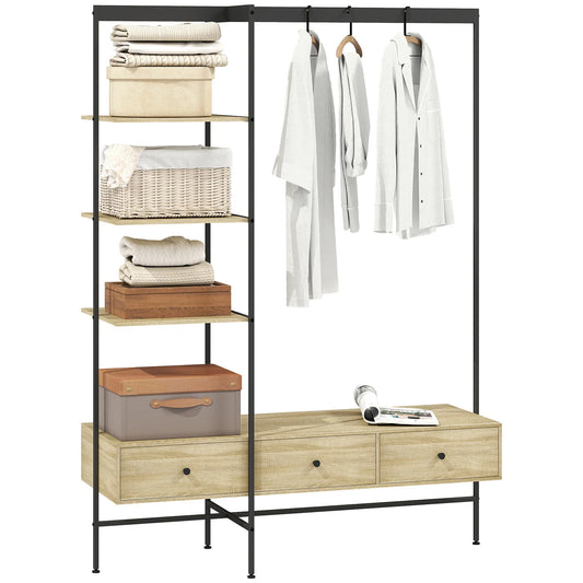 HOMCOM 4-in-1 Freistehender Garderobenständer mit Ablagen, Schubladen & Kleiderstange – Eiche-Optik, Metallgestell, Kippschutz (H 180 cm)