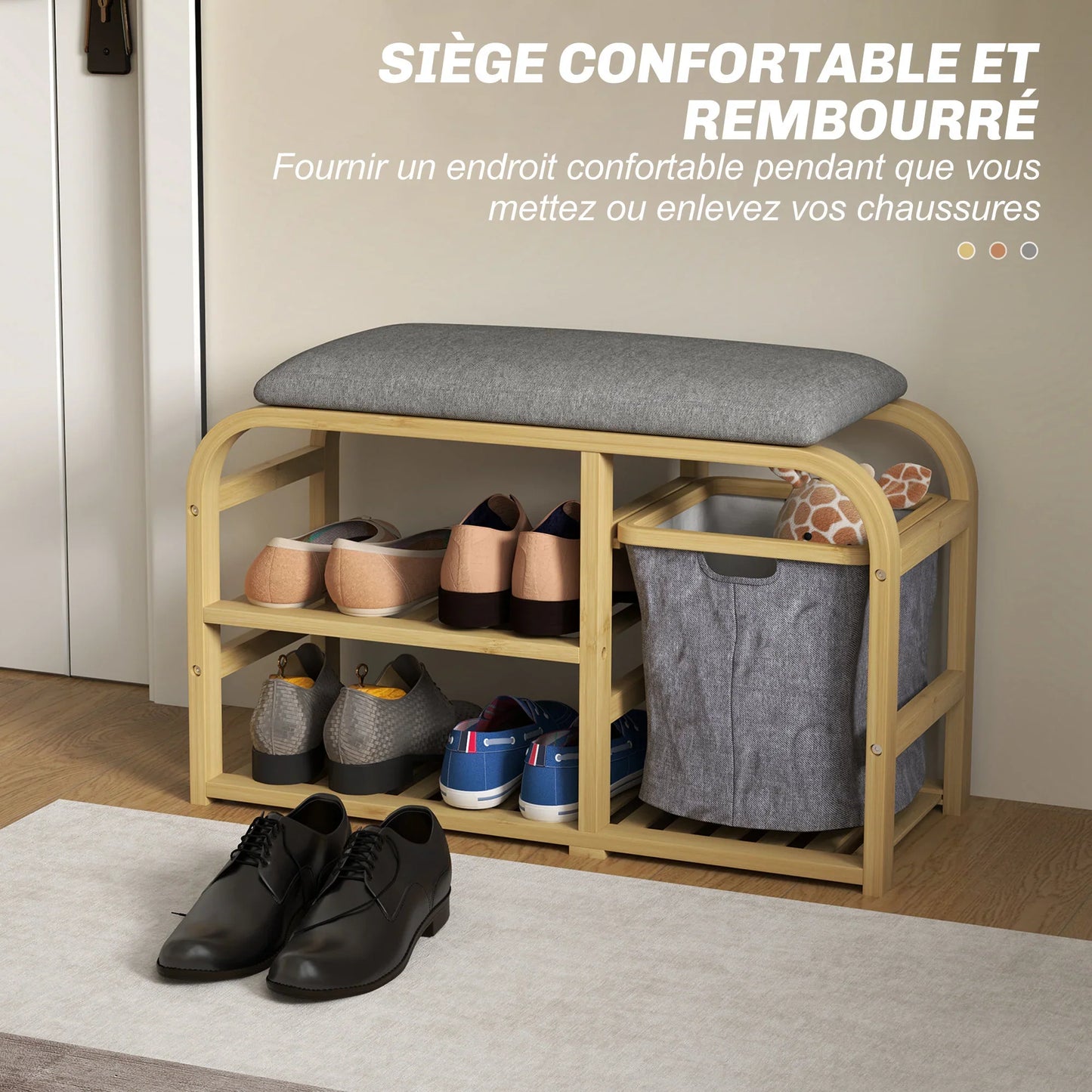 HOMCOM Schuhbank aus Bambus mit gepolsterter Sitzfläche, 2 Lattenregalen und schiebendem Stoffkorb, Flurbank für Flur, Schlafzimmer, 70x30x45cm, Naturholz