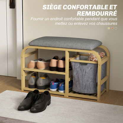 HOMCOM Schuhbank aus Bambus mit gepolsterter Sitzfläche, 2 Lattenregalen und schiebendem Stoffkorb, Flurbank für Flur, Schlafzimmer, 70x30x45cm, Naturholz