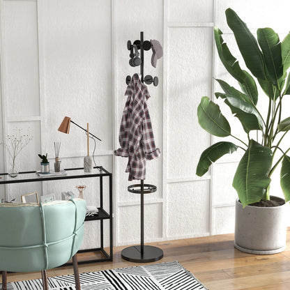 HOMCOM Freestanding Coat Rack with Umbrella Holder – Metal Coat Stand with 12 Hooks for Umbrellas and Bags, Tree Shape for Hallway, Entrance, Bedroom Ø34x177 cm Black