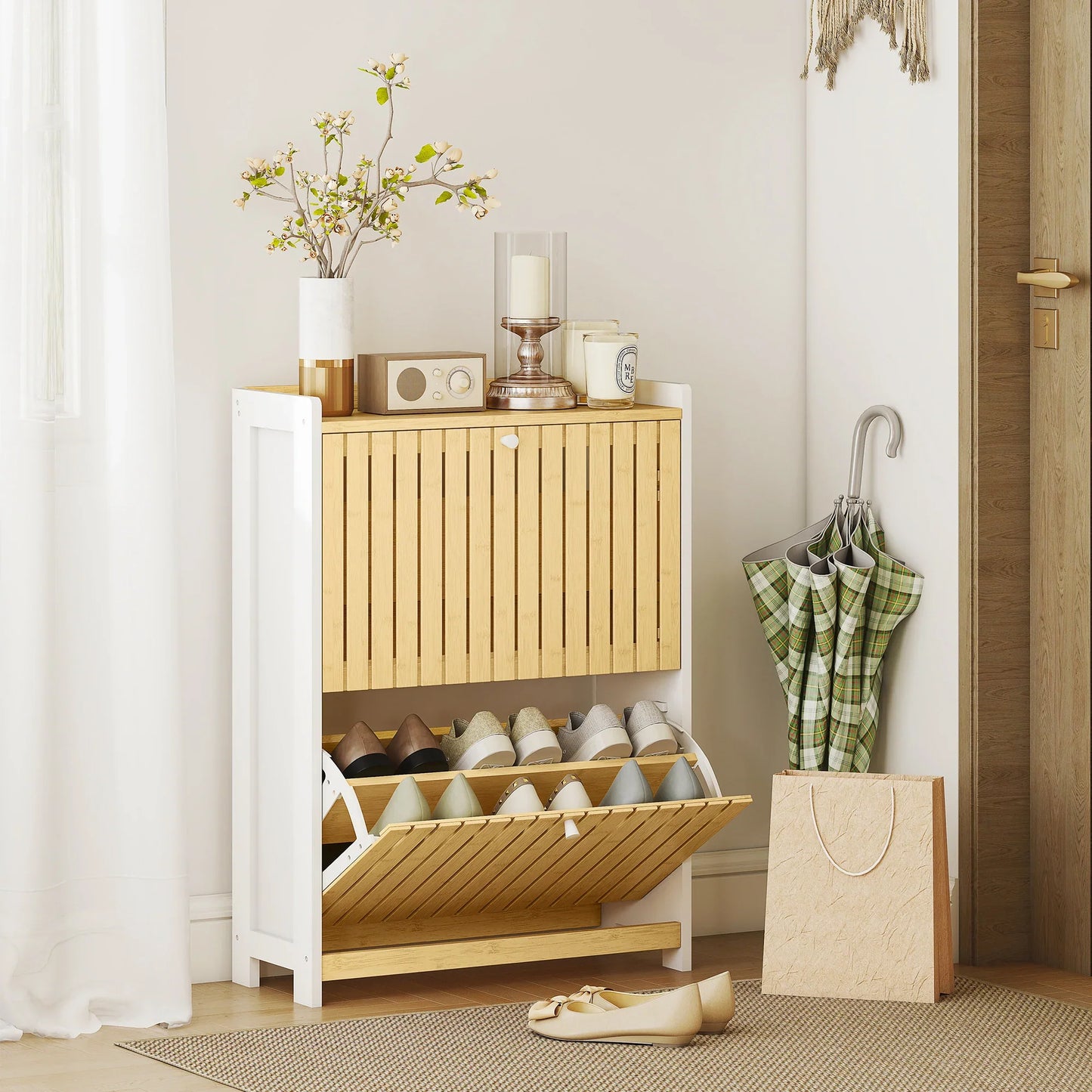 HOMCOM Slim Shoe Cabinet with 2 Bamboo Doors and Adjustable Shelves for 12 Pairs of Shoes 60x24x82.5 cm White and Natural