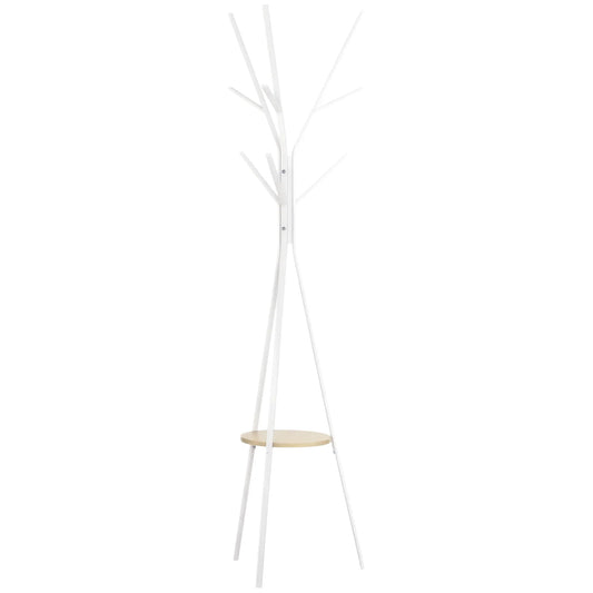 HOMCOM Garderobenständer, Hutständer mit 8 Haken, Kleiderständer mit Ablage, Standgarderobe für Kleidung, Hüte, Taschen, Metall, Weiß, 45 x 45 x 180 cm