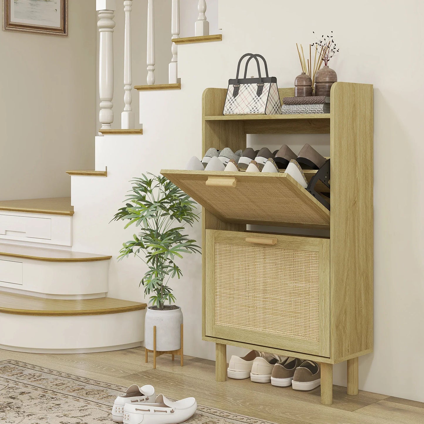 HOMCOM Shoe Cabinet for Entryway, Bohemian Style – Shoe Storage for 18 Pairs of Shoes with 2 Flip-Down Drawers and 1 Open Shelf – Narrow Shoe Rack for Hallway 80x24.5x110 cm Oak