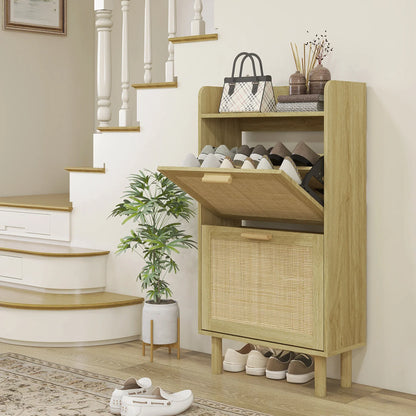 HOMCOM Shoe Cabinet for Entryway, Bohemian Style – Shoe Storage for 18 Pairs of Shoes with 2 Flip-Down Drawers and 1 Open Shelf – Narrow Shoe Rack for Hallway 80x24.5x110 cm Oak