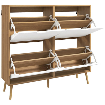 HOMCOM Schuhschrank mit 4 Klappen und verstellbaren Einlegeböden, Schuhaufbewahrungsschrank für 16 Paar Schuhe, schmales Schuhregal für den Eingangsbereich 95x26x95 cm Naturholz