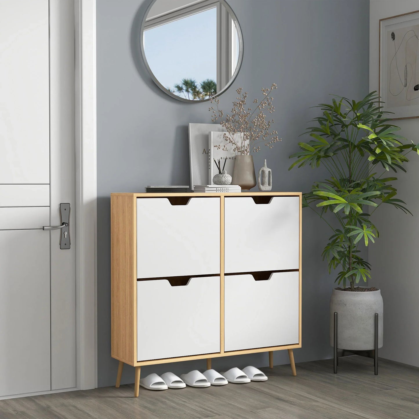 HOMCOM Schuhschrank mit 4 Klappen und verstellbaren Einlegeböden, Schuhaufbewahrungsschrank für 16 Paar Schuhe, schmales Schuhregal für den Eingangsbereich 95x26x95 cm Naturholz