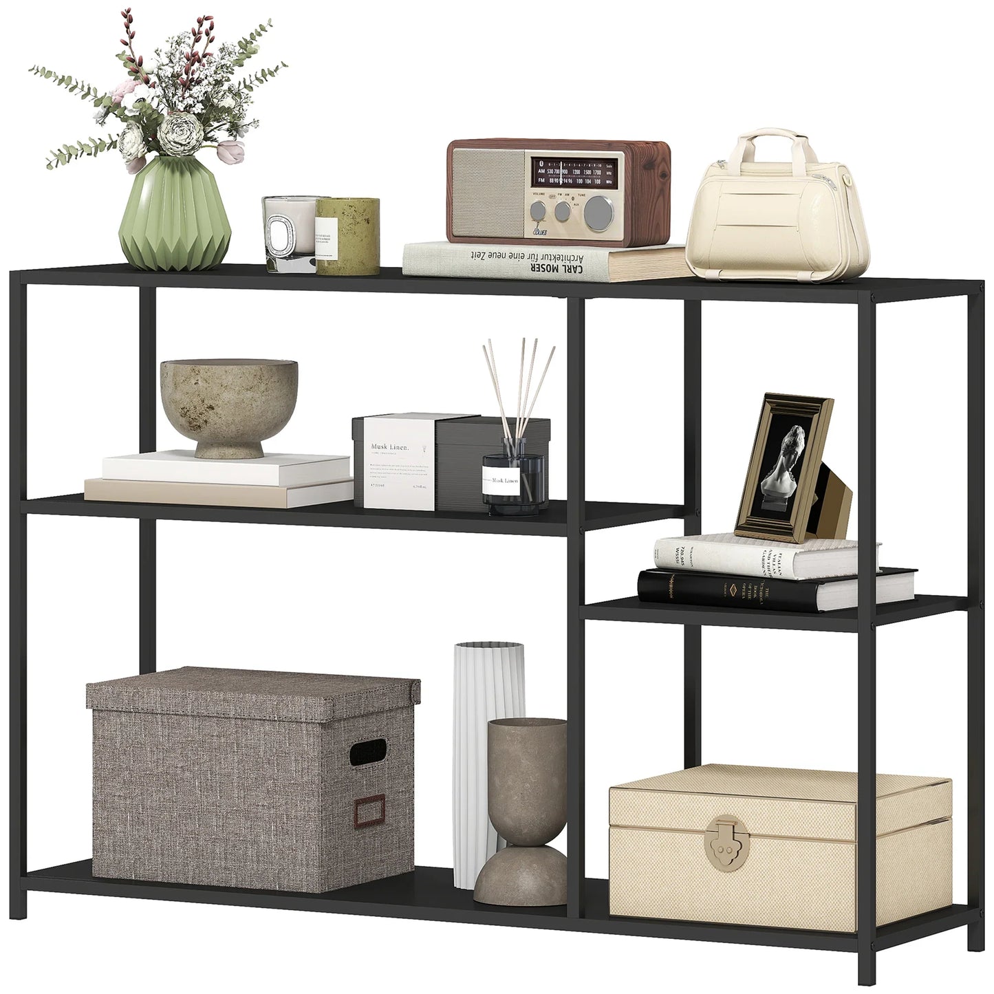 HOMCOM Konsolentisch Flurtisch mit 4 Regalen, Beistelltisch mit Stahlrahmen, Metallregal für kleine Räume, Eingangsbereich, Flur, Wohnzimmer, 110 x 30 x 75 cm Schwarz