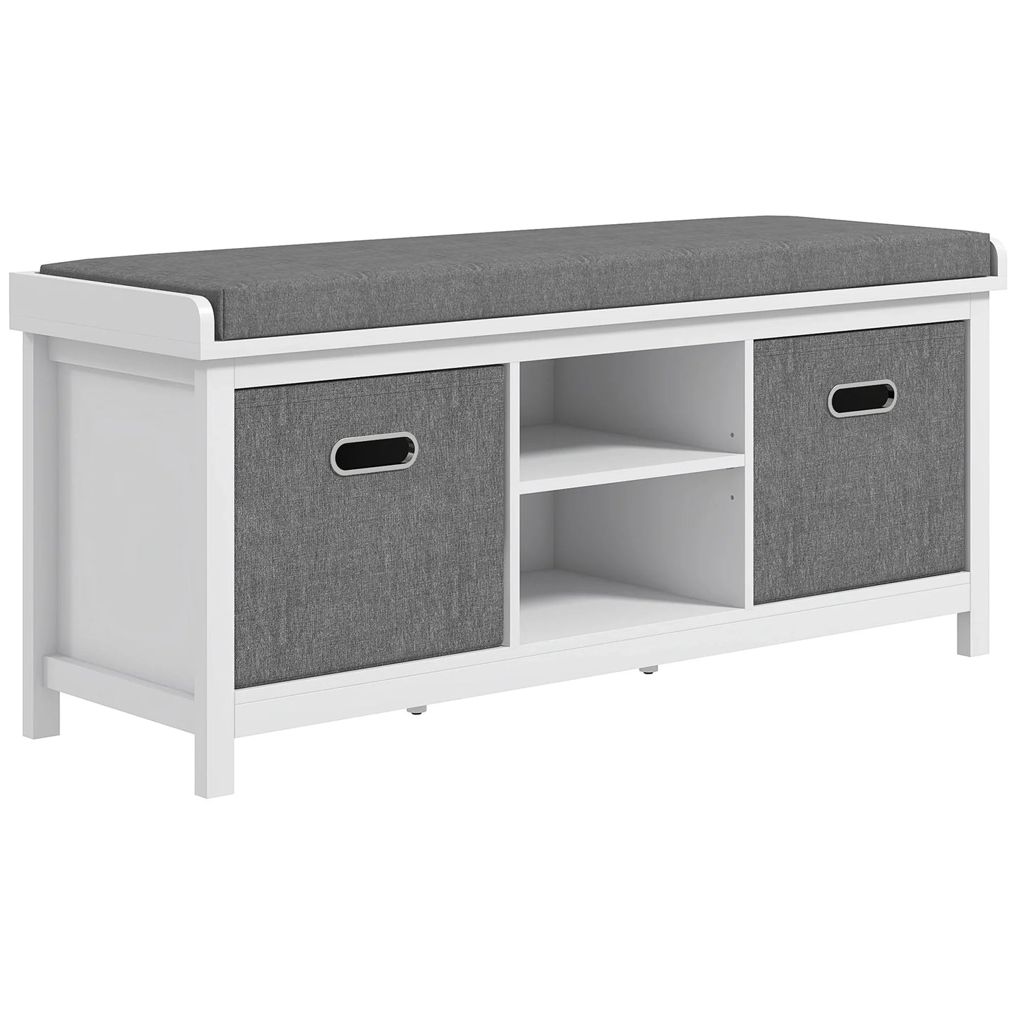HOMCOM Schuhe-Bank mit verstellbarem 3-stufigem Regal, 2 abnehmbaren Schubladen und Polster, Möbel aus Spanplatte, 105x35x47 cm, Weiß und Grau