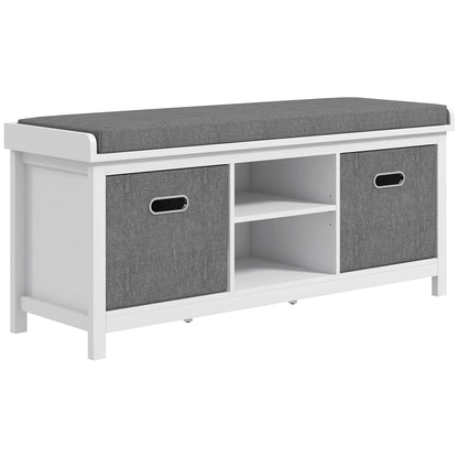 HOMCOM Schuhe-Bank mit verstellbarem 3-stufigem Regal, 2 abnehmbaren Schubladen und Polster, Möbel aus Spanplatte, 105x35x47 cm, Weiß und Grau