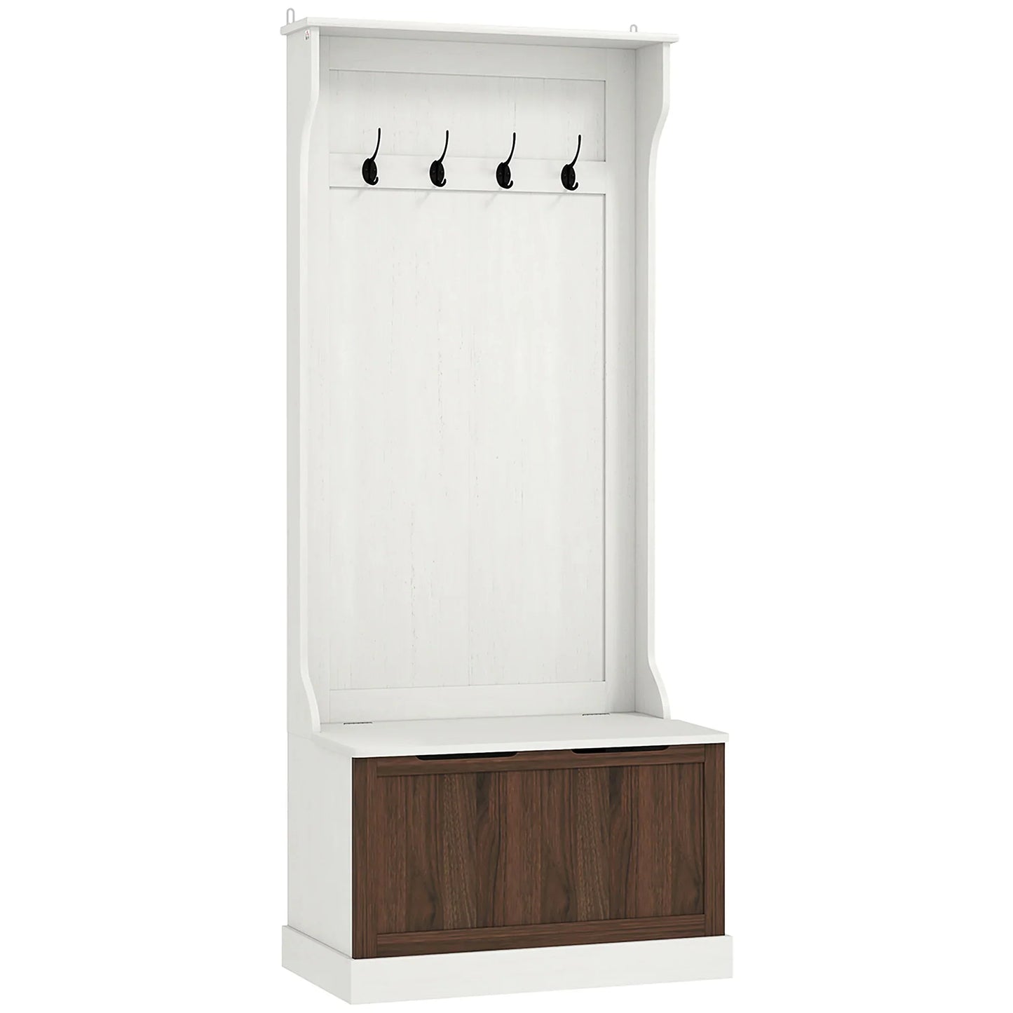 HOMCOM 3-in-1 Garderobenständer mit Schuhbank, platzsparender Standgarderobe mit 4 Haken und Ablagebank, MDF, für Flur, Schlafzimmer, 71,5x39,5x170 cm, Weiß und Braun
