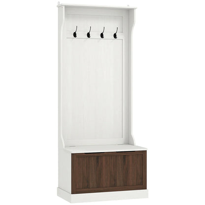 HOMCOM 3-in-1 Garderobenständer mit Schuhbank, platzsparender Standgarderobe mit 4 Haken und Ablagebank, MDF, für Flur, Schlafzimmer, 71,5x39,5x170 cm, Weiß und Braun