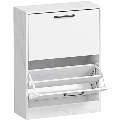 HOMCOM Schmaler Schuhschrank mit 2 Hochglanz-Klapptüren, verstellbaren Einlegeböden, Marmor-Design, für bis zu 8 Paar – Weiß (60 x 24 x 80 cm)