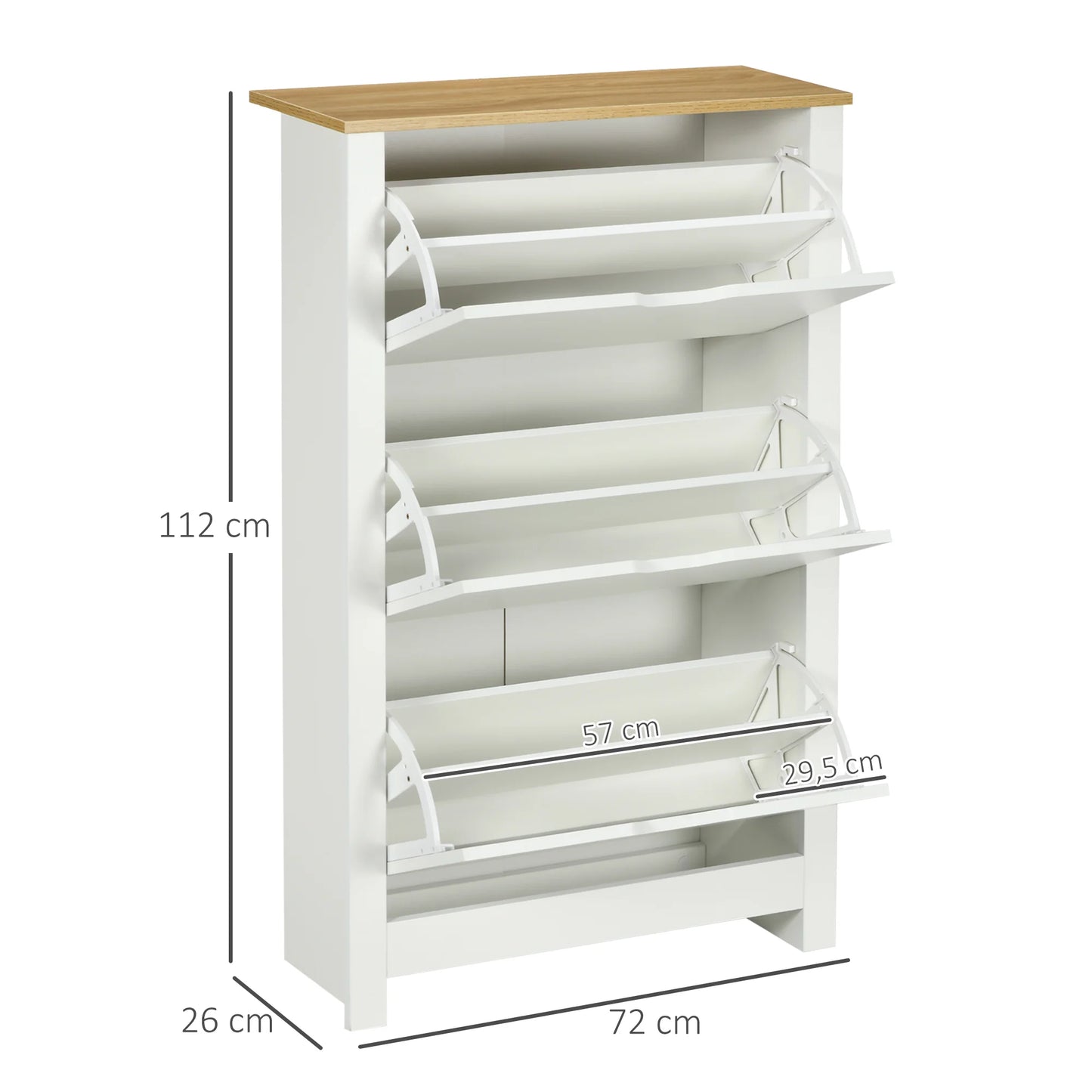 HOMCOM Schuhschrank mit 3 Klappen, Schuhregal, schmaler Schuhschrank mit verstellbarem Fach, Schuhschrank für 18 Paar Schuhe 72 x 26 x 112 cm, Weiß+Natur