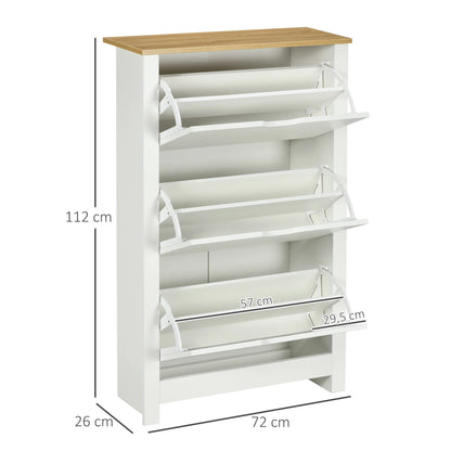 HOMCOM Schuhschrank mit 3 Klappen, Schuhregal, schmaler Schuhschrank mit verstellbarem Fach, Schuhschrank für 18 Paar Schuhe 72 x 26 x 112 cm, Weiß+Natur