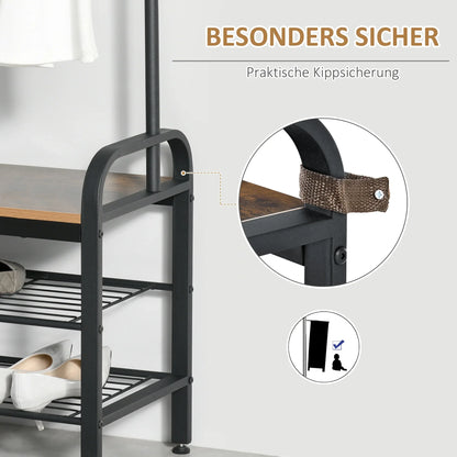 HOMCOM Clothes Rail Shoe Rack with 8 Hooks and 2 Shelves MDF Black 72.8 x 34 x 182 cm