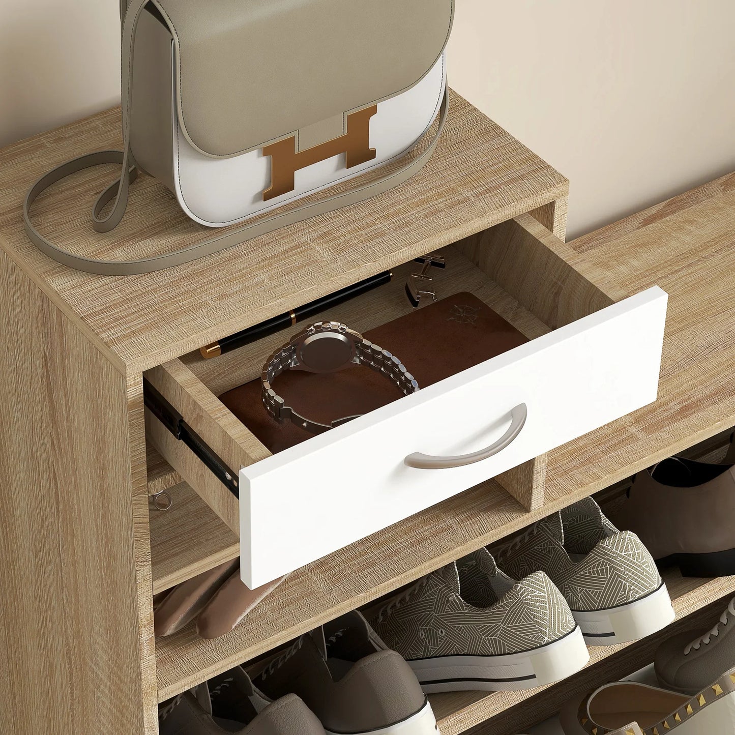 HOMCOM Flur-Organizer mit Spiegel, Garderobe und Schuhschrank – 2-teiliges Möbelset für den Eingangsbereich mit 6 Haken, Regalen und Klappschublade für einen natürlichen Flur