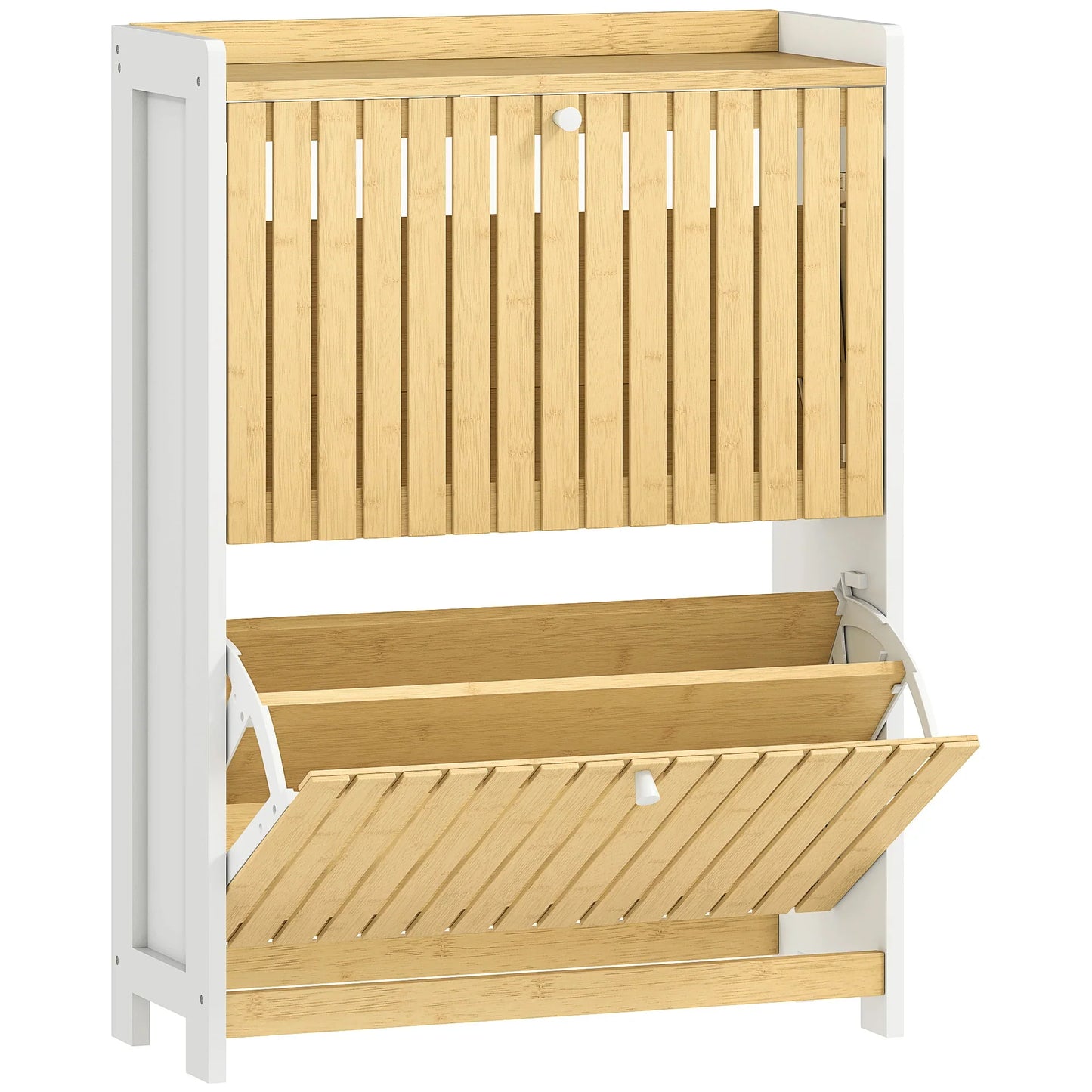 HOMCOM Slim Shoe Cabinet with 2 Bamboo Doors and Adjustable Shelves for 12 Pairs of Shoes 60x24x82.5 cm White and Natural