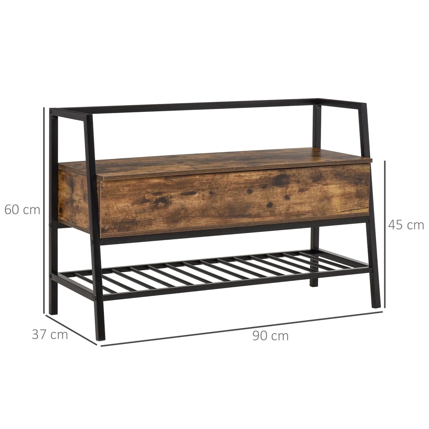 HOMCOM Schuhbank im Industrial Style mit Stauraum, Vintage Platzsparende Schuhbank aus Holz und Metall, Rustikbraun, 90x37x60cm