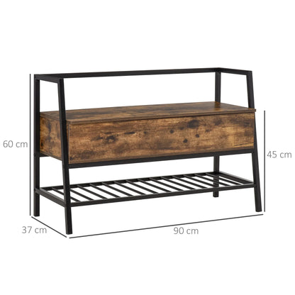HOMCOM Schuhbank im Industrial Style mit Stauraum, Vintage Platzsparende Schuhbank aus Holz und Metall, Rustikbraun, 90x37x60cm